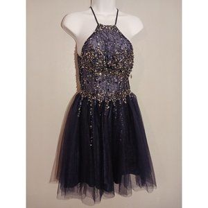 G B juniors Dress Embellished Sleeveless Navy Prom Party Fit Flare mesh bead